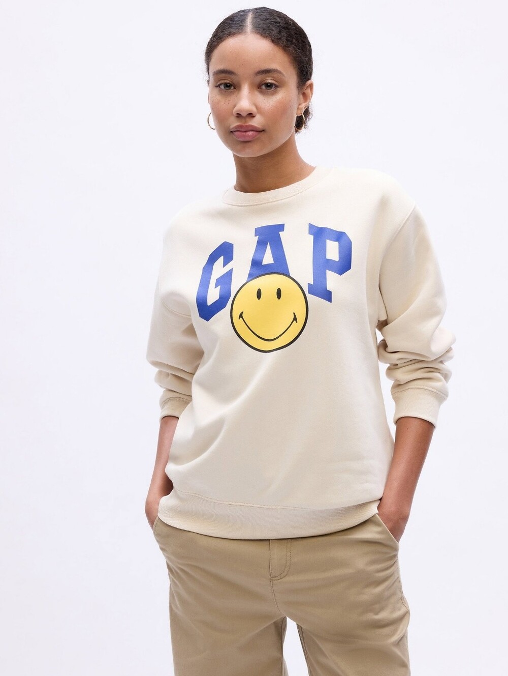 GAP Smiley Originals Cream Sweatshirt with Blue Logo and Yellow Smiley